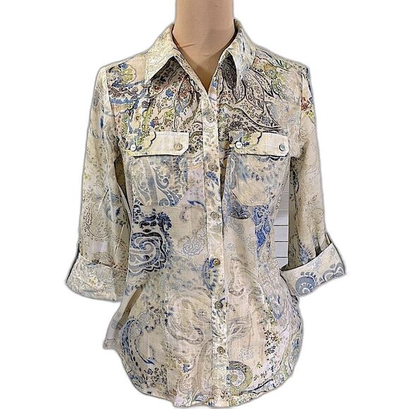 Chico’s Tunic Shirt Size 0 Small Size 4 Lightweight Roll Tab - Picture 1 of 14